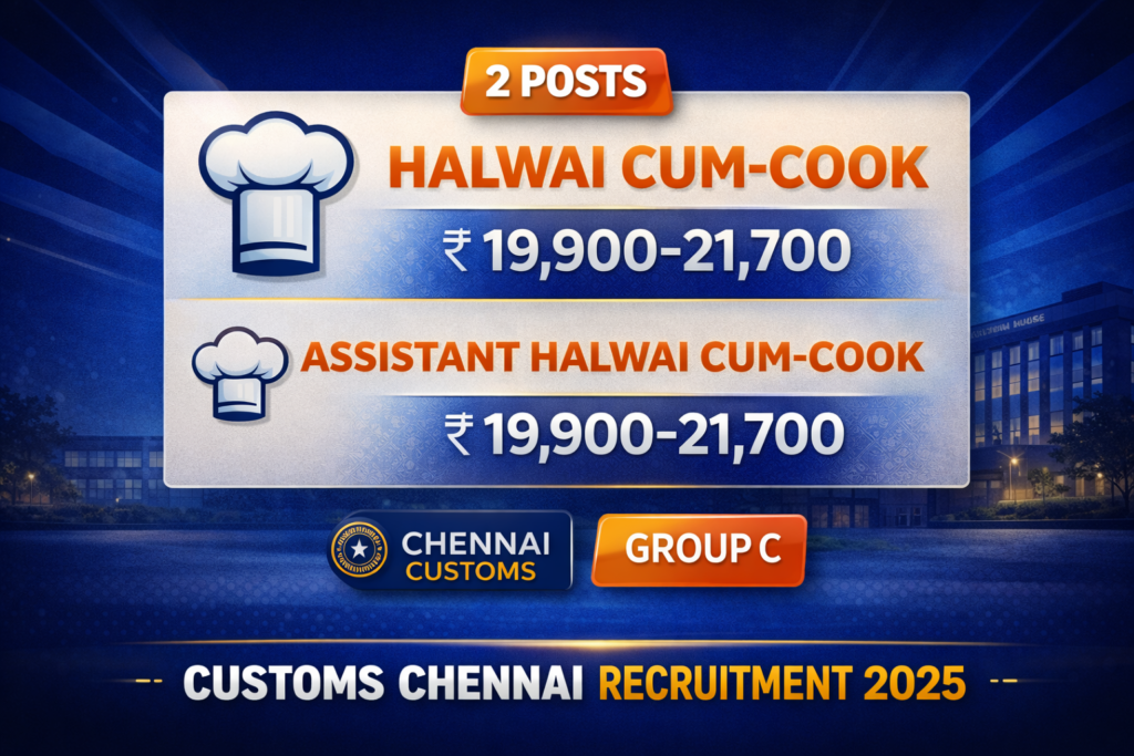 Customs Chennai Recruitment 2025 Group C Halwai Cum-Cook vacancy details and salary structure for Chennai Customs jobs
