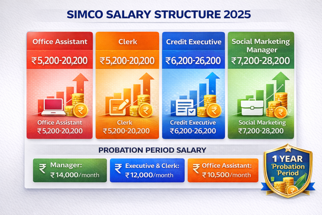 SIMCO 2025 salary structure breakdown showing pay scale ranges from Rs 5200 to 28200 for different posts with probation period consolidated salary details