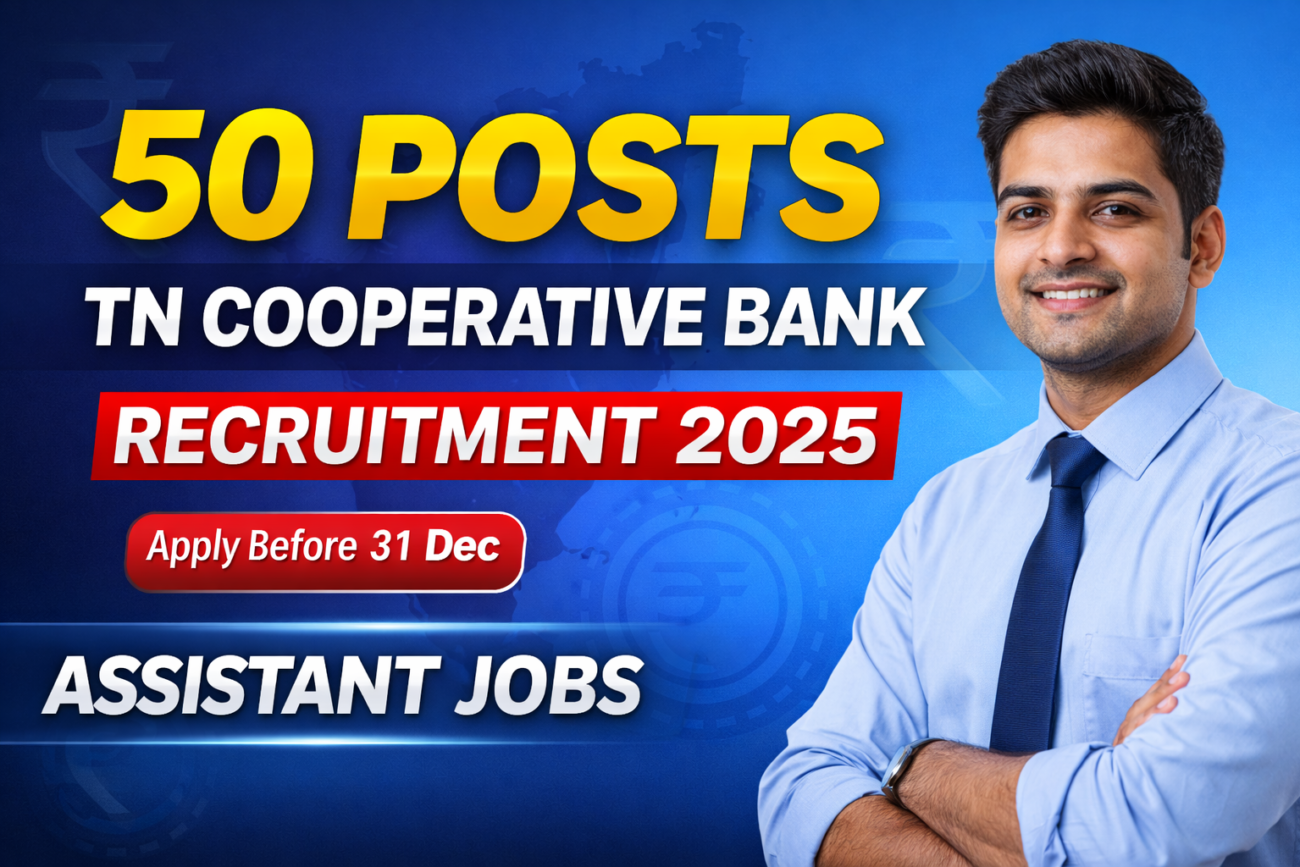 TN Cooperative Bank recruitment 2025 thumbnail displaying 50 Assistant posts with December 31st application deadline and 23640 rupees starting salary