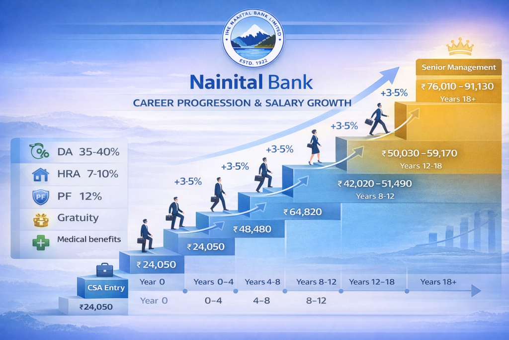Nainital Bank Recruitment 2025 salary structure and career progression showing pay scale from entry level CSA to senior management positions with benefits breakdown