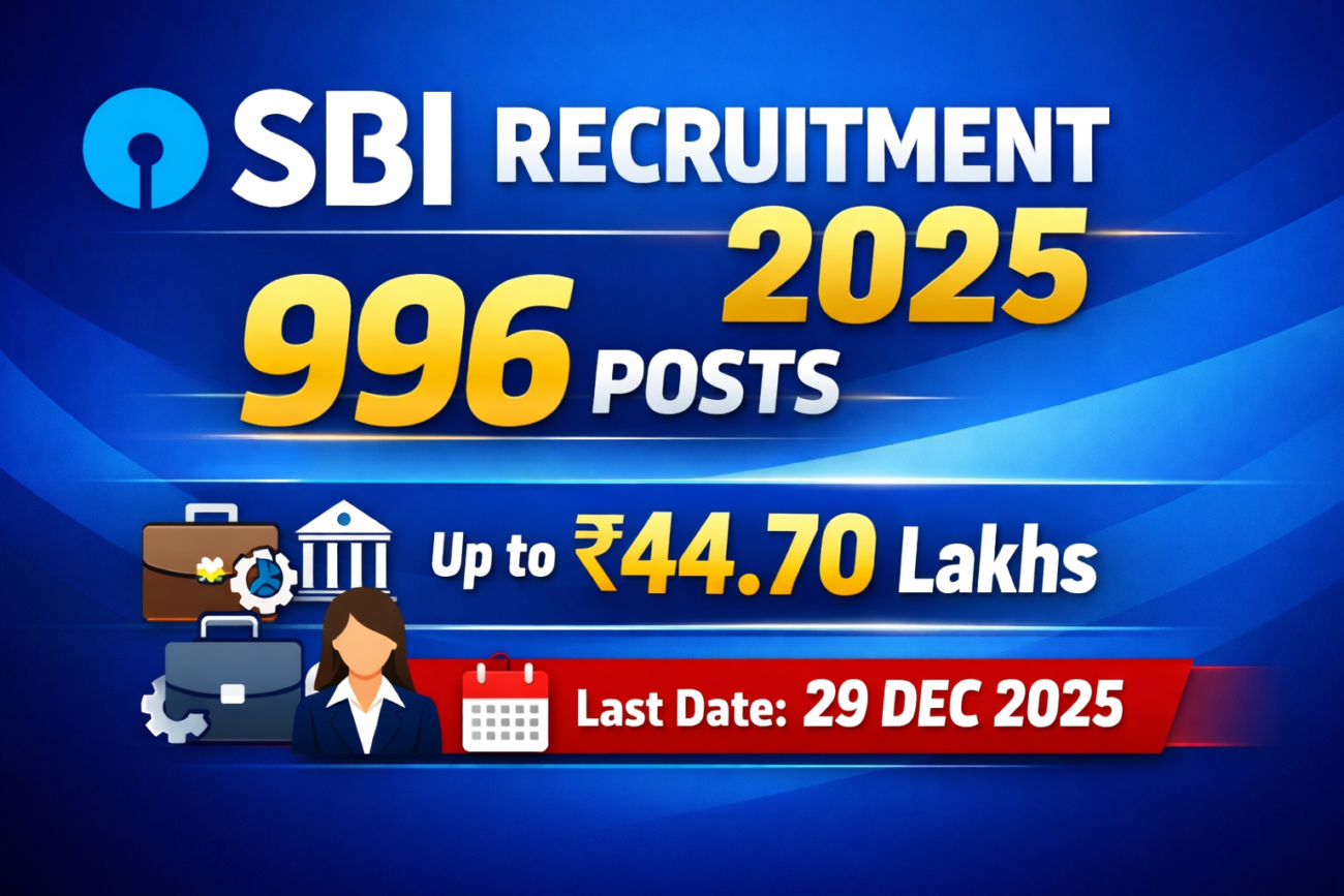 Professional SBI Recruitment 2025 YouTube thumbnail with blue gradient background, SBI logo, bold white and gold text reading “SBI Recruitment 2025,” “996 Posts,” salary highlighted as “Up to ₹44.70 Lakhs,” and a red urgent banner stating “Last Date: 29 Dec 2025,” featuring banking job icons, Indian rupee symbol, calendar icon, and a clean corporate business design suitable for social media sharing.