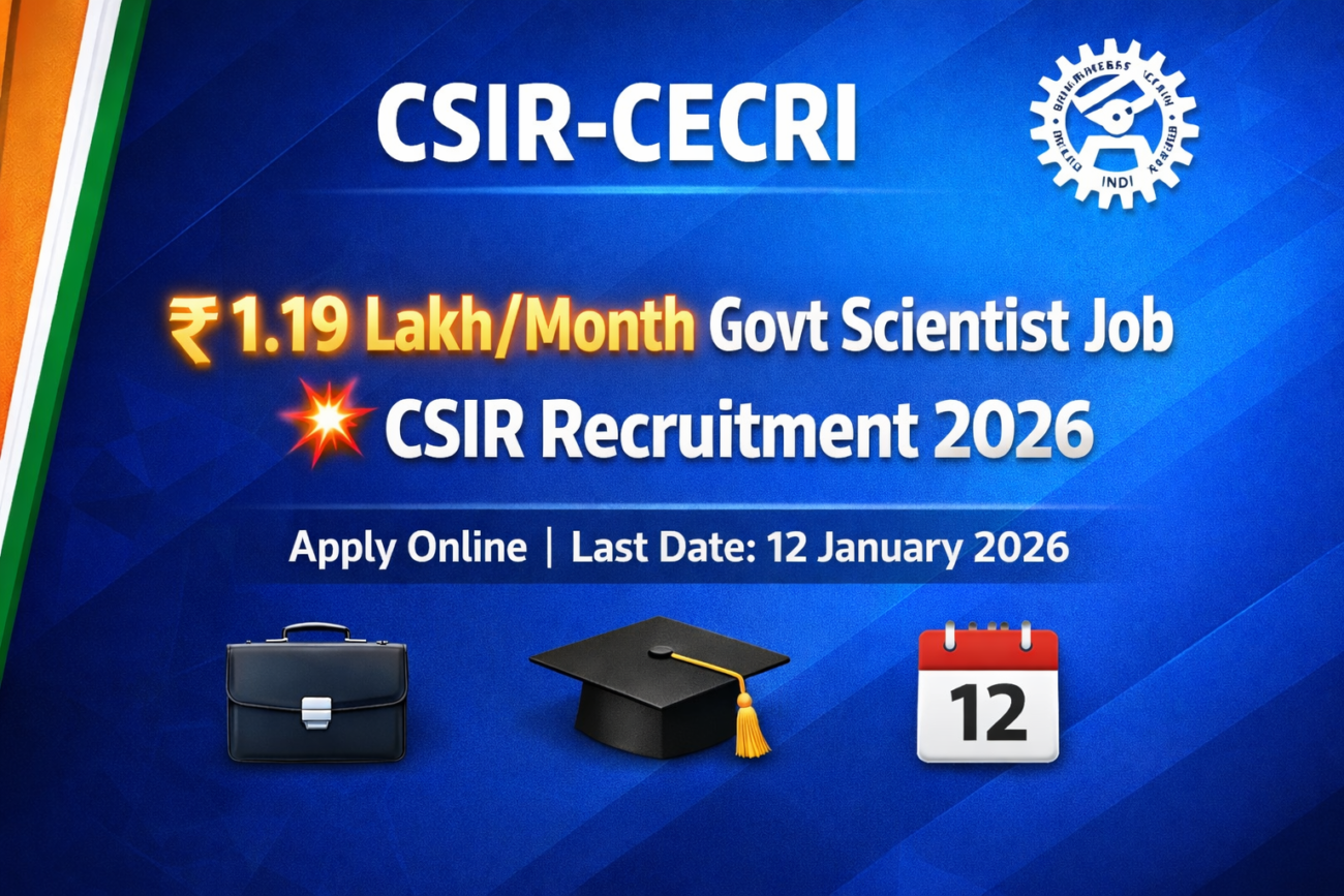 CSIR CECRI Scientist recruitment 2026 notification for 15 posts with Ph.D qualification, salary details and January 2026 application deadline for research careers