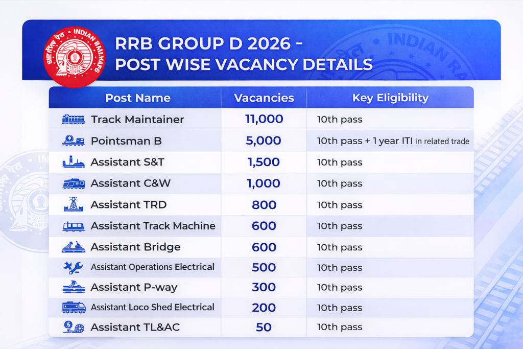 RRB Group D 2026 vacancy details showing 22000 posts including Track Maintainer Pointsman Assistant positions with distribution across departments