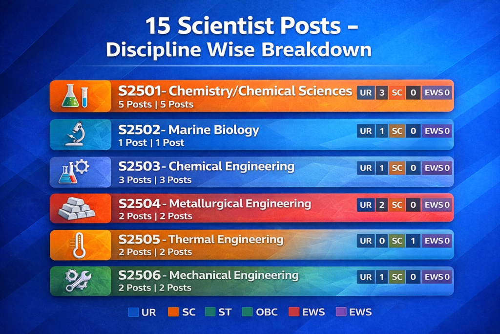 CSIR CECRI Scientist 2026 post wise vacancy details showing 15 positions across Chemistry, Marine Biology and Engineering disciplines with category distribution
