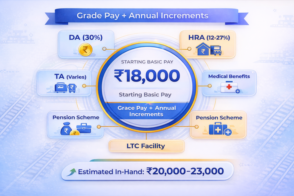 Railway Group D salary structure 2026 showing basic pay allowances DA HRA TA in-hand salary benefits for Track Maintainer Pointsman positions