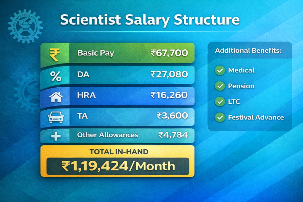 CSIR CECRI Scientist salary breakdown 2026 showing Pay Level 11 with Basic Pay DA HRA TA and total in-hand salary of Rs 1.19 lakh per month