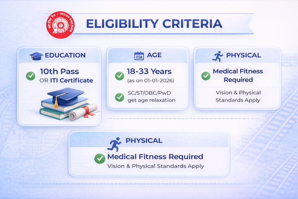 RRB Group D 2026 eligibility criteria showing educational qualification 10th ITI age limit 18 to 33 years relaxation physical fitness requirements