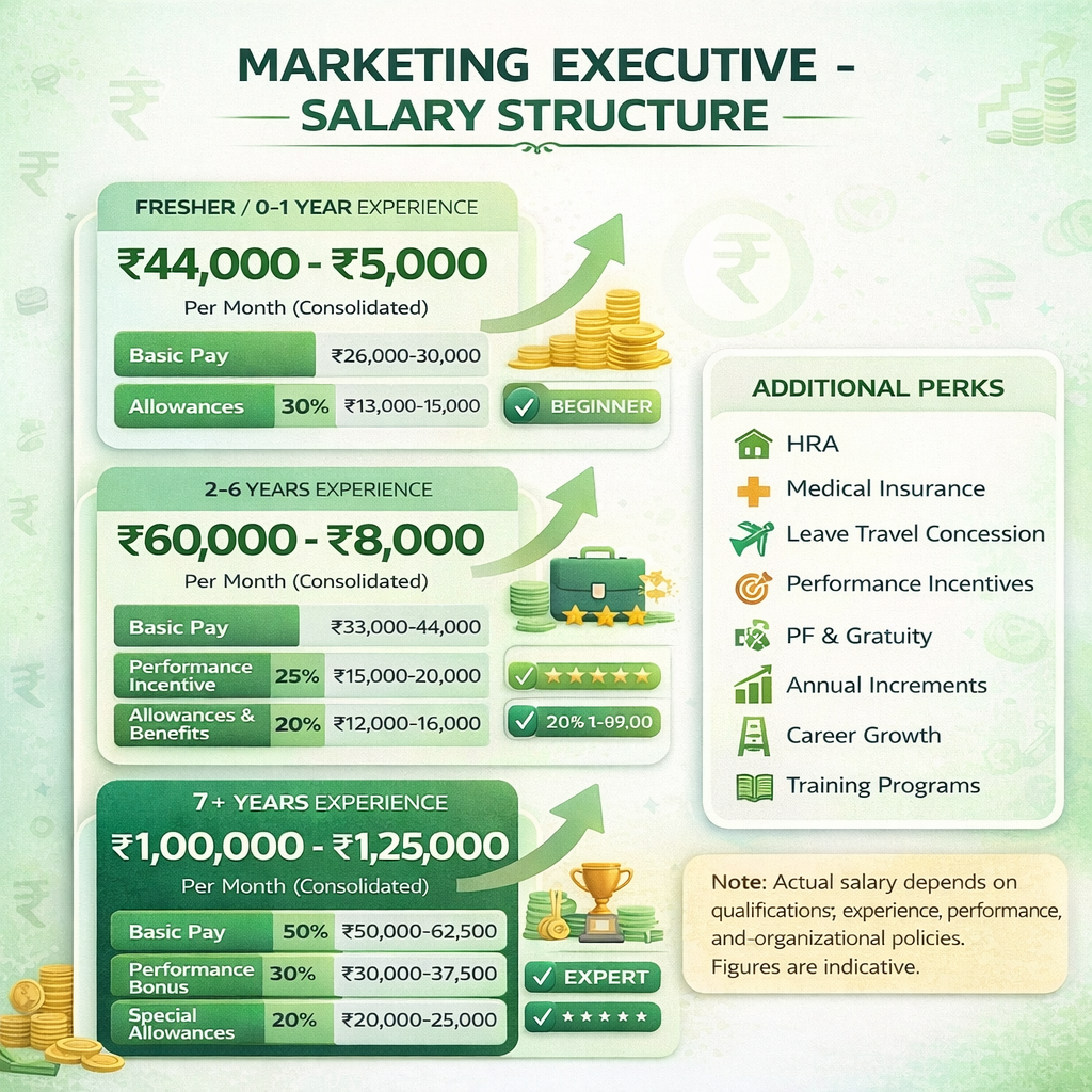 Prasar Bharati Marketing Executive salary structure showing pay scale from 44000 to 125000 rupees with experience-based progression and benefits
