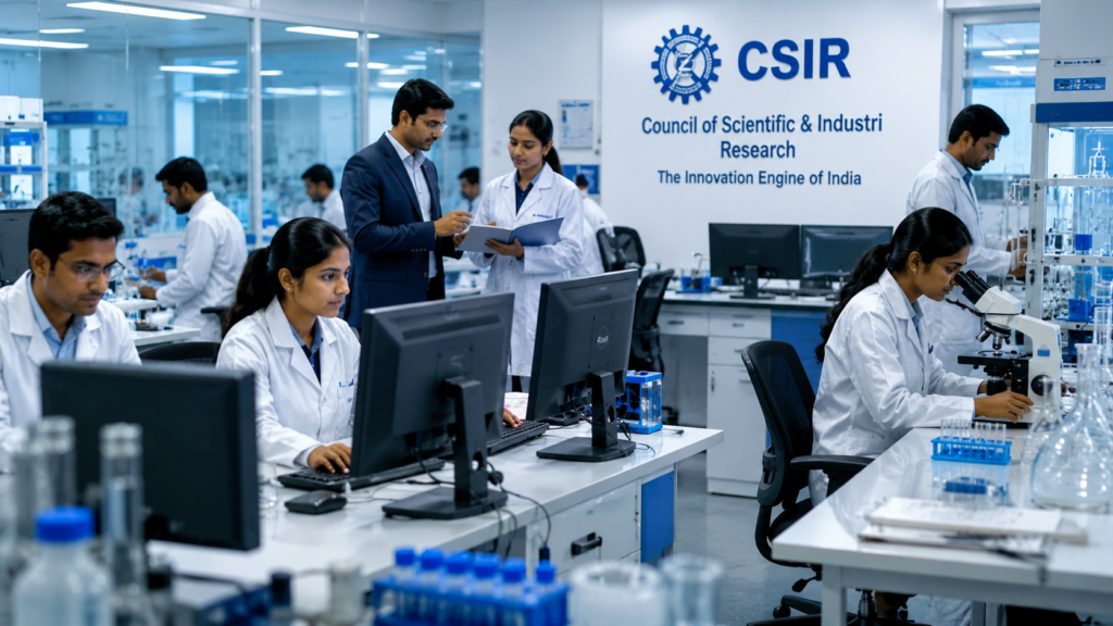 A professional workplace image depicting Indian scientists and researchers in a modern laboratory environment, representing the career opportunities available to CSIR UGC NET June 2026 qualified candidates, including Junior Research Fellowship and Assistant Professor positions.