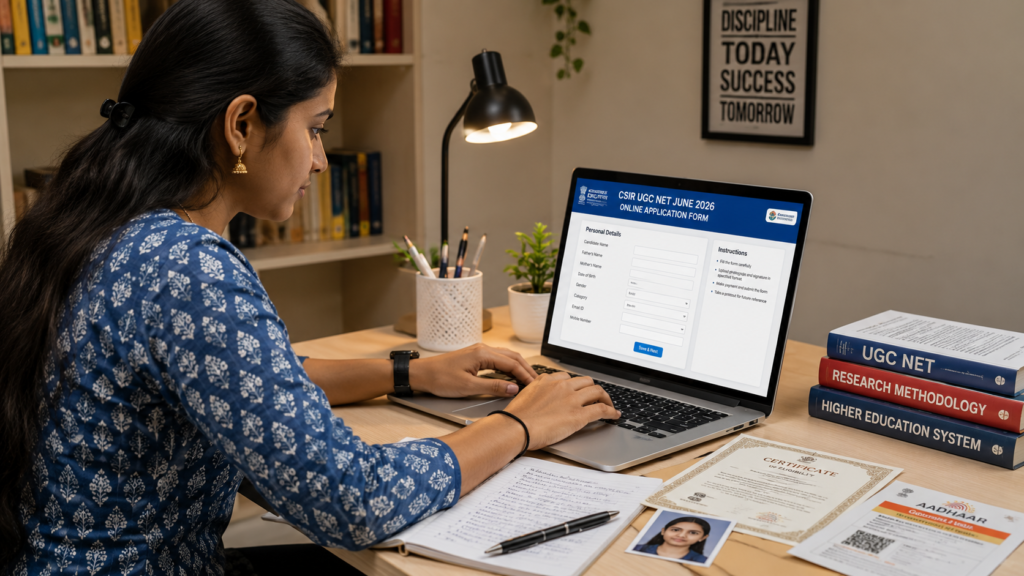 An image showing an Indian student carefully filling out the online application form for CSIR UGC NET June 2026 on the official NTA portal. All required documents including educational certificates and identity proof are visible on the desk, representing the step-by-step application process.